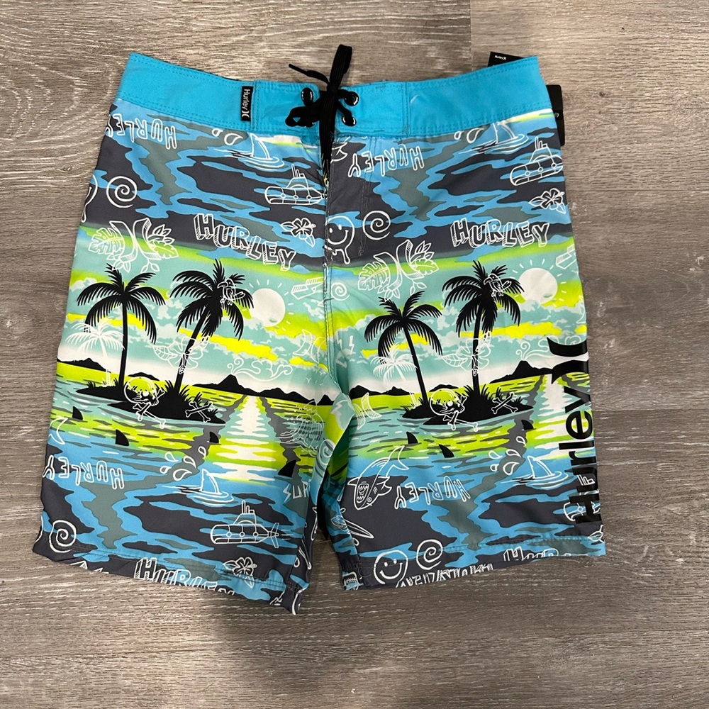 HURLEY Board Shorts for Boys, Size 10 / 25…Hawaiian Print Blue, & Green. NWT!